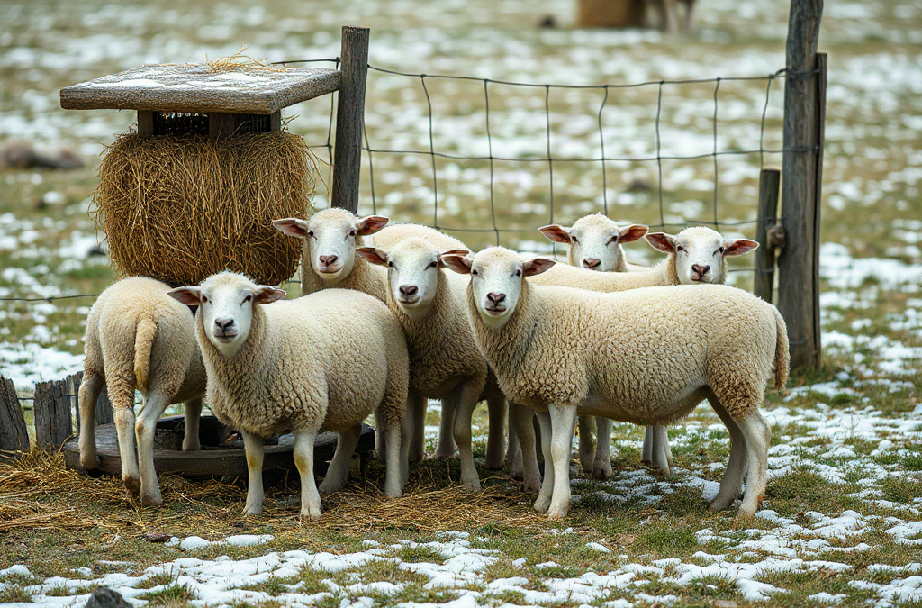 Small sheep flock gathered beside a hay feeder in a fenced winter pasture
