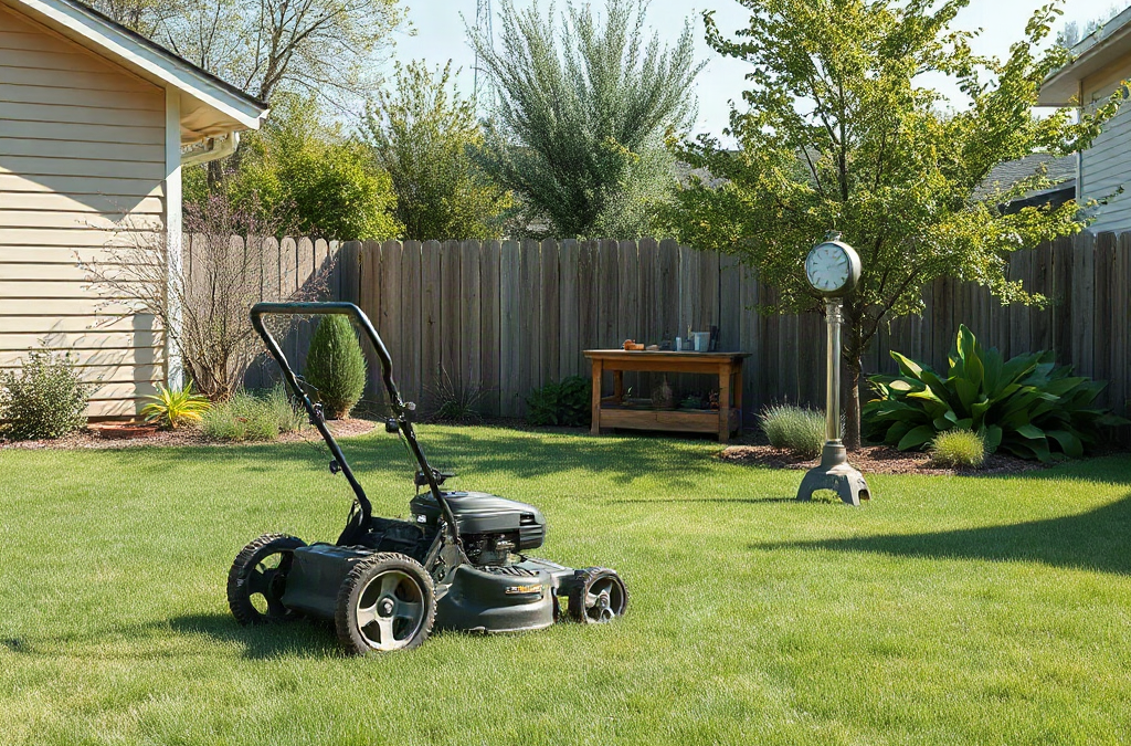 Push mower beside a trimmed homestead lawn with rain gauge and shade trees