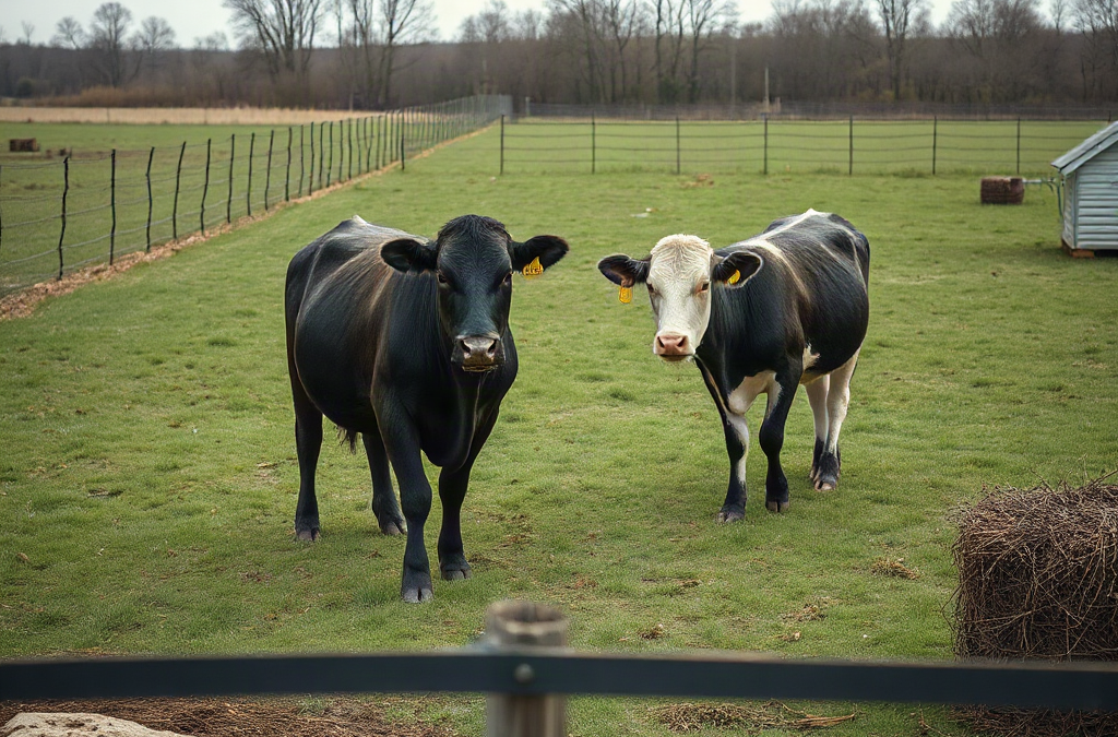 Two beef cattle in divided green paddocks beside fencing and a water trough