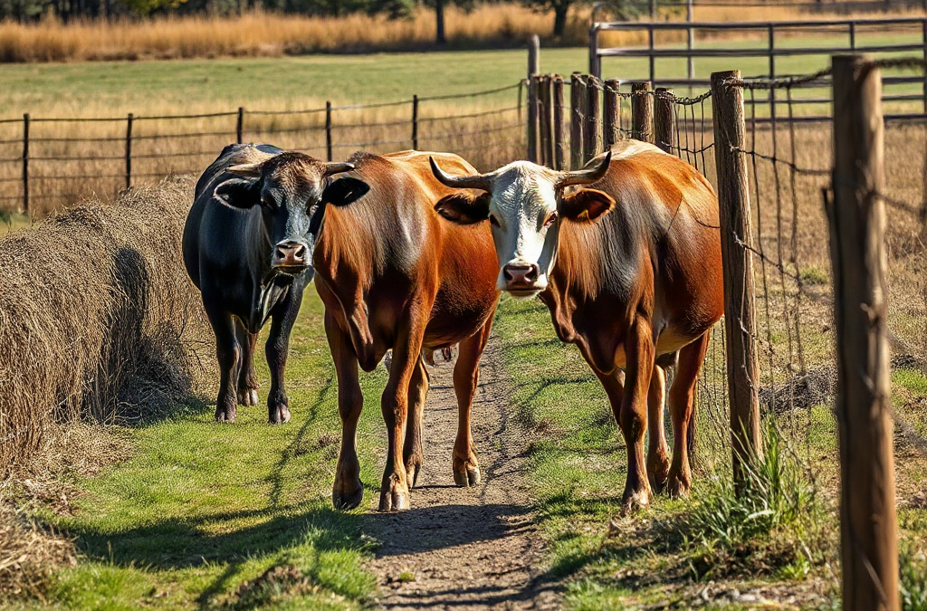 Cattle beside woven fencing with a pasture lane leading to sturdy handling pens