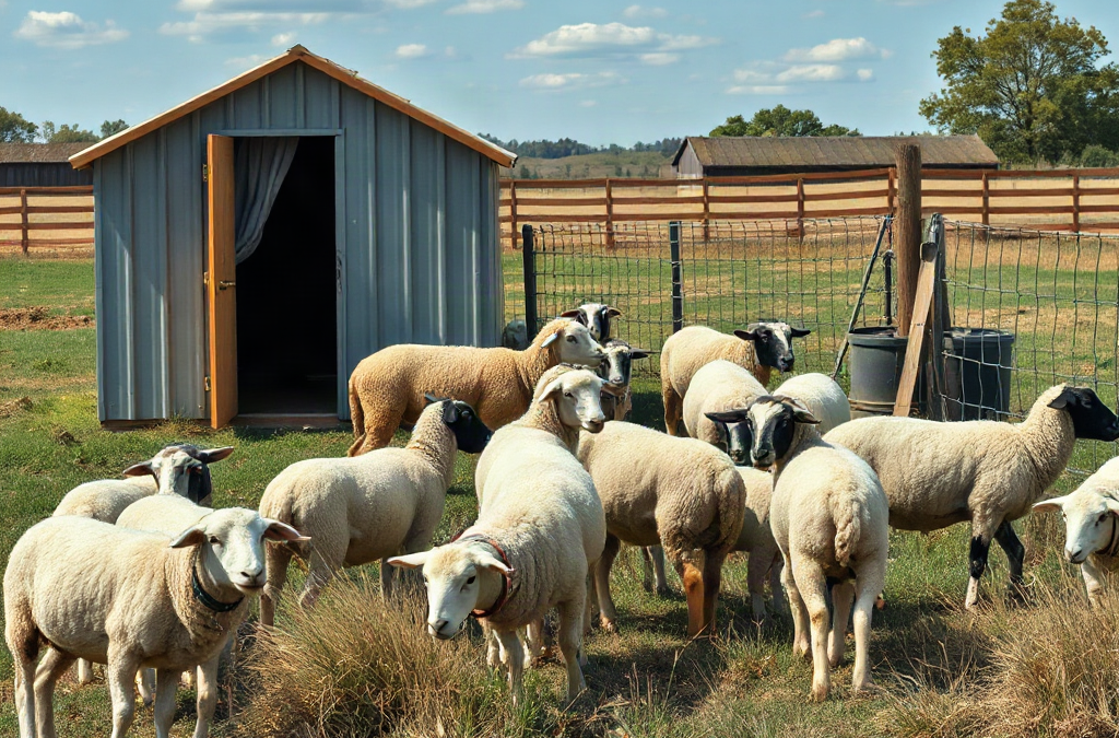 A small sheep flock grazing near a three-sided shed and portable paddock fencing